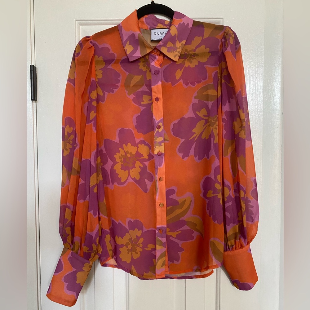 RNWY (PETAL & PUP) Orange Purple Floral Floral Sheer Button Down Blouse XS